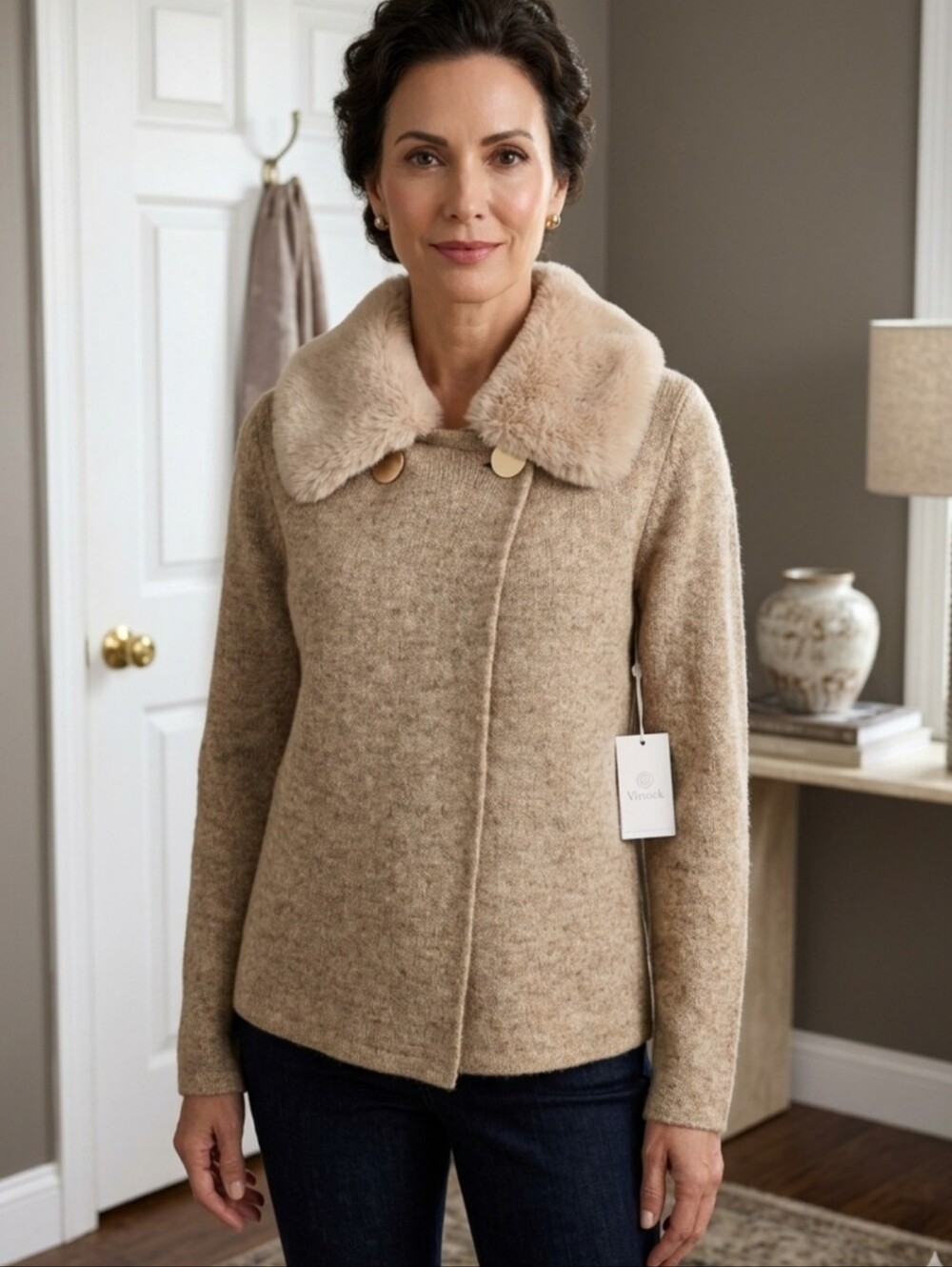 Ellen Tracy NWT Camel Tan Open Front Sweater W/ Faux Fur Collar, S